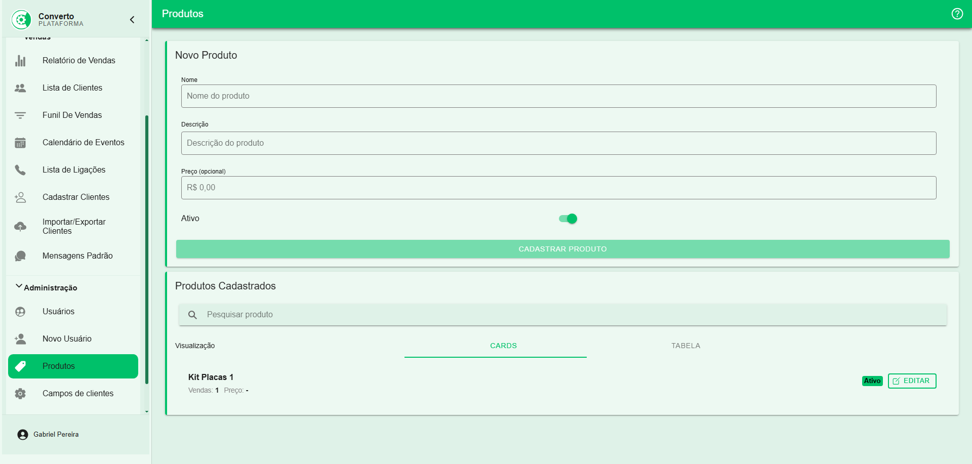 Cadastro de produtos